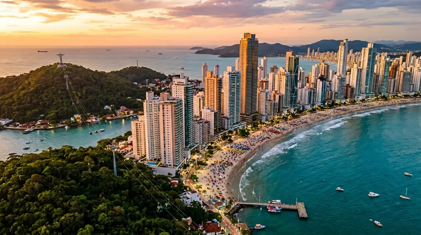 Praia Central de Balneário Camboriú com arranha-céus, o teleférico e o mar turquesa