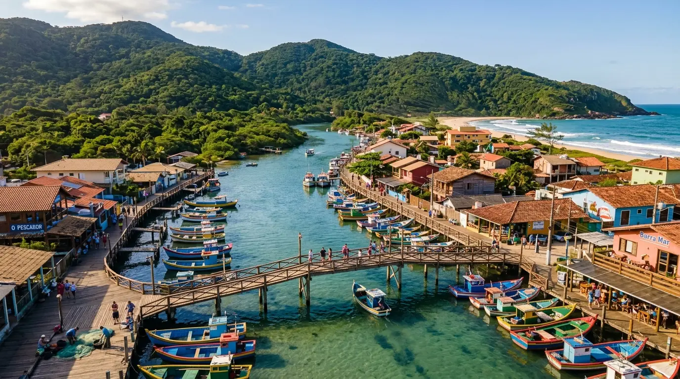 Canal da Barra da Lagoa com barcos de pesca e restaurantes às margens em Florianópolis