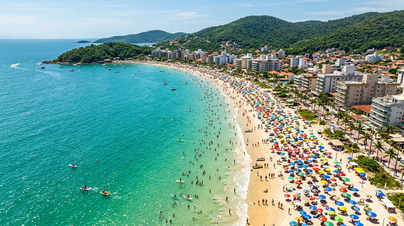 Praia de Canasvieiras com orla movimentada, hotéis e restaurantes em Florianópolis