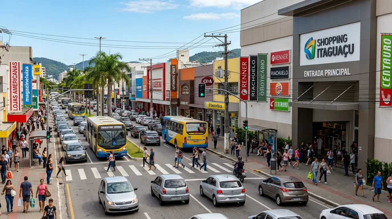 Avenida comercial em Capoeiras, Florianópolis, com comércio varejista e serviços