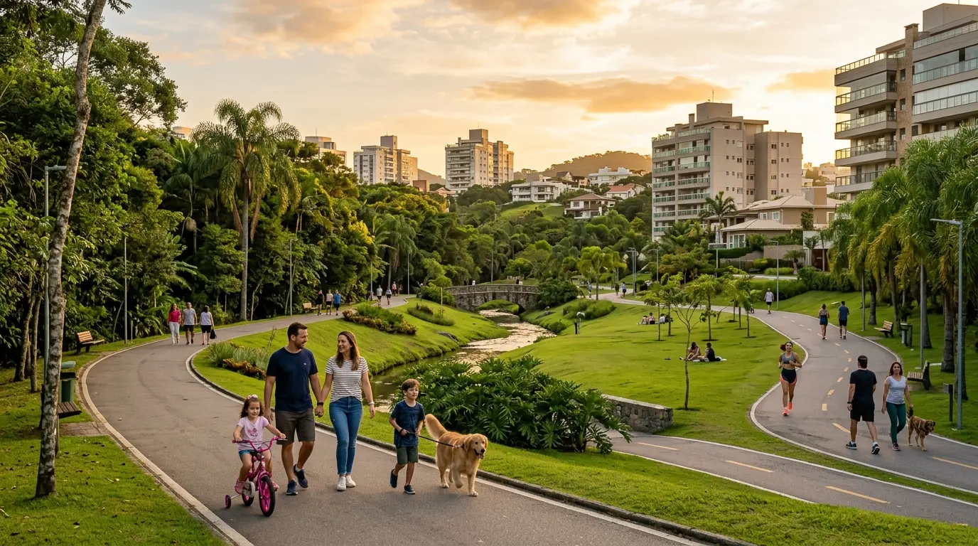Parque do Córrego Grande em Florianópolis com área verde e famílias