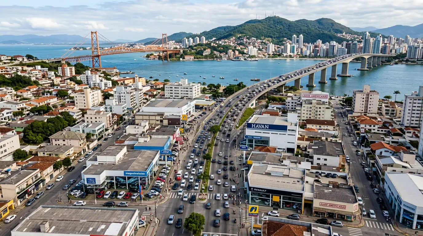 Avenida Ivo Silveira no Estreito com comércio popular e vista para as pontes de Florianópolis
