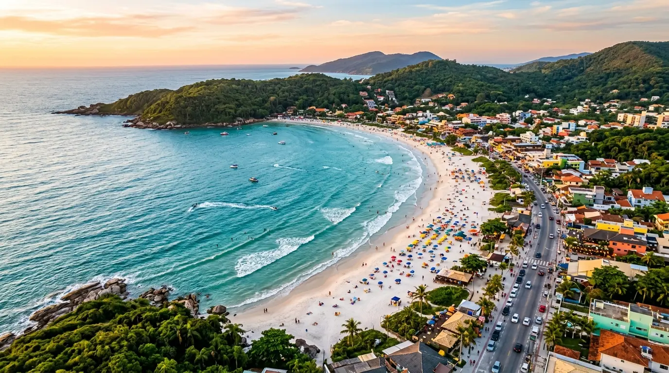 Praia dos Ingleses com mar azul-turquesa e comércio local de Ingleses em Florianópolis