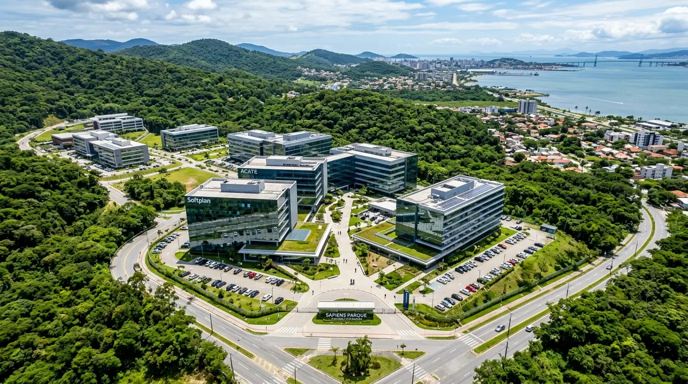 Polo tecnológico do Itacorubi com empresas de tecnologia e o Sapiens Parque em Florianópolis