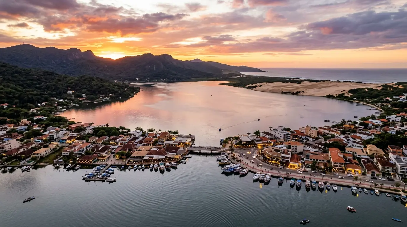 Vista panorâmica da Lagoa da Conceição com a laguna, dunas e restaurantes às margens