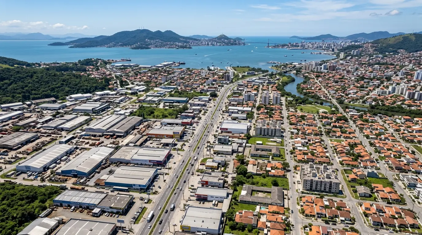Vista aérea de Palhoça SC com o centro da cidade e a Baía Sul ao fundo
