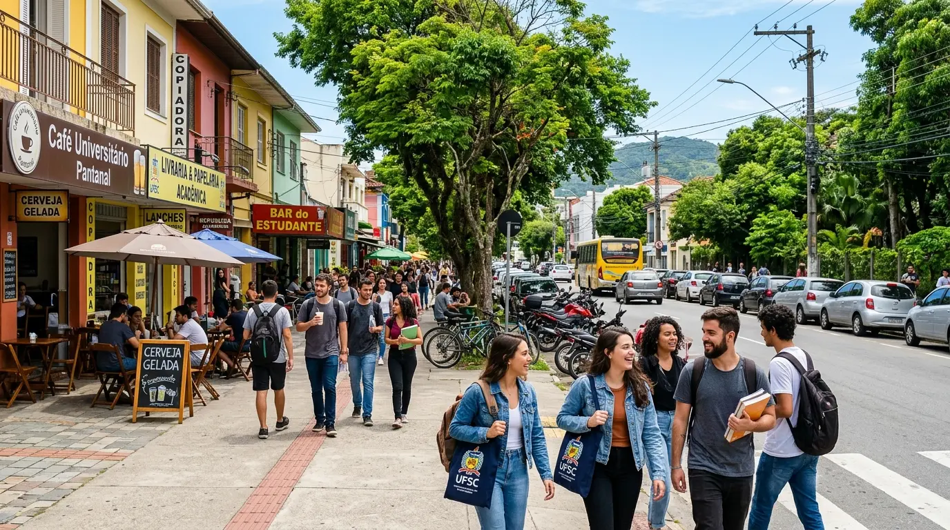 Ruas arborizadas do bairro Pantanal em Florianópolis com comércio universitário