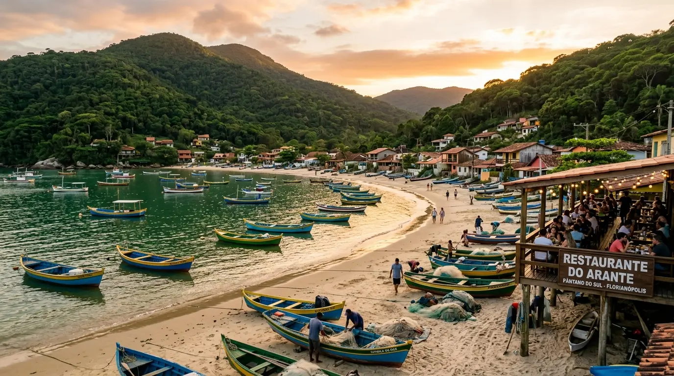 Praia do Pântano do Sul com mar verde-esmeralda, pescadores e natureza preservada
