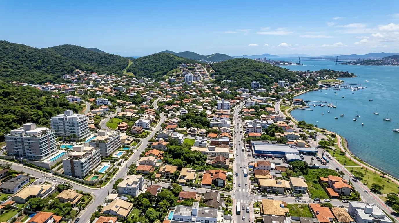 Bairro Saco Grande em Florianópolis com vista da Baía Norte e condomínios residenciais