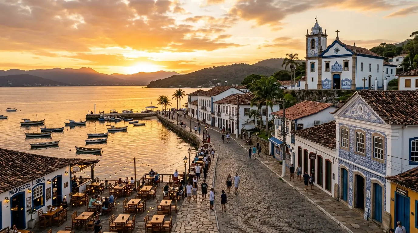 Casario colonial português de Santo Antônio de Lisboa com a Baía Norte ao fundo em Florianópolis