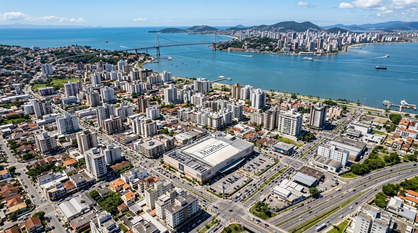 Vista aérea de São José SC com o Kobrasol e a Baía Sul ao fundo
