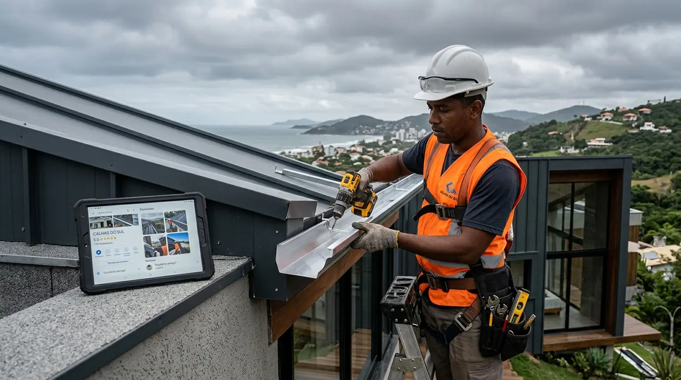 Técnico instalando calha de alumínio em telhado residencial em Florianópolis, tablet ao lado mostrando perfil no Google Maps com avaliações 5 estrelas