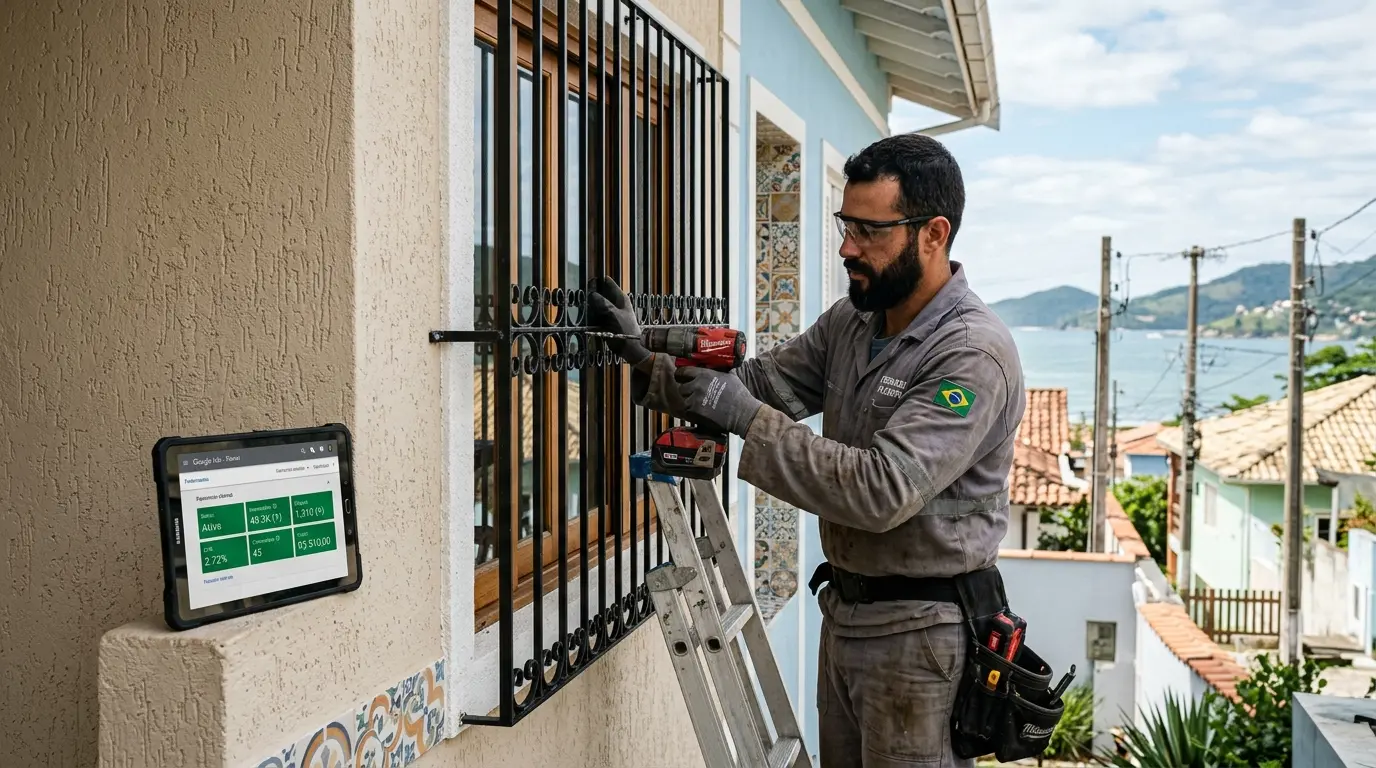 Serralheiro em Florianópolis instalando grade de ferro em janela residencial, tablet ao lado mostrando campanha ativa no Google Ads