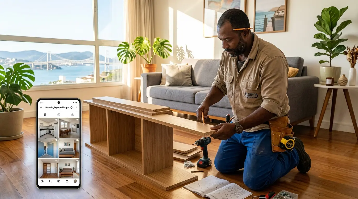 Marido de aluguel em Florianópolis montando móvel em apartamento, smartphone ao lado mostrando perfil do Instagram com antes e depois de serviços realizados