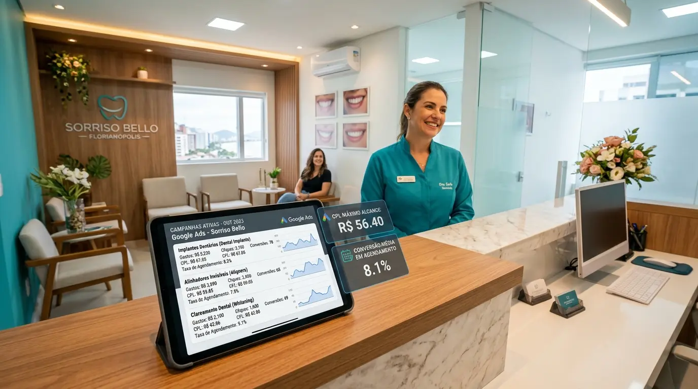 Marketing digital para dentistas em Florianópolis — painel de campanhas de Google Ads por procedimento odontológico com métricas de custo por lead e agendamentos