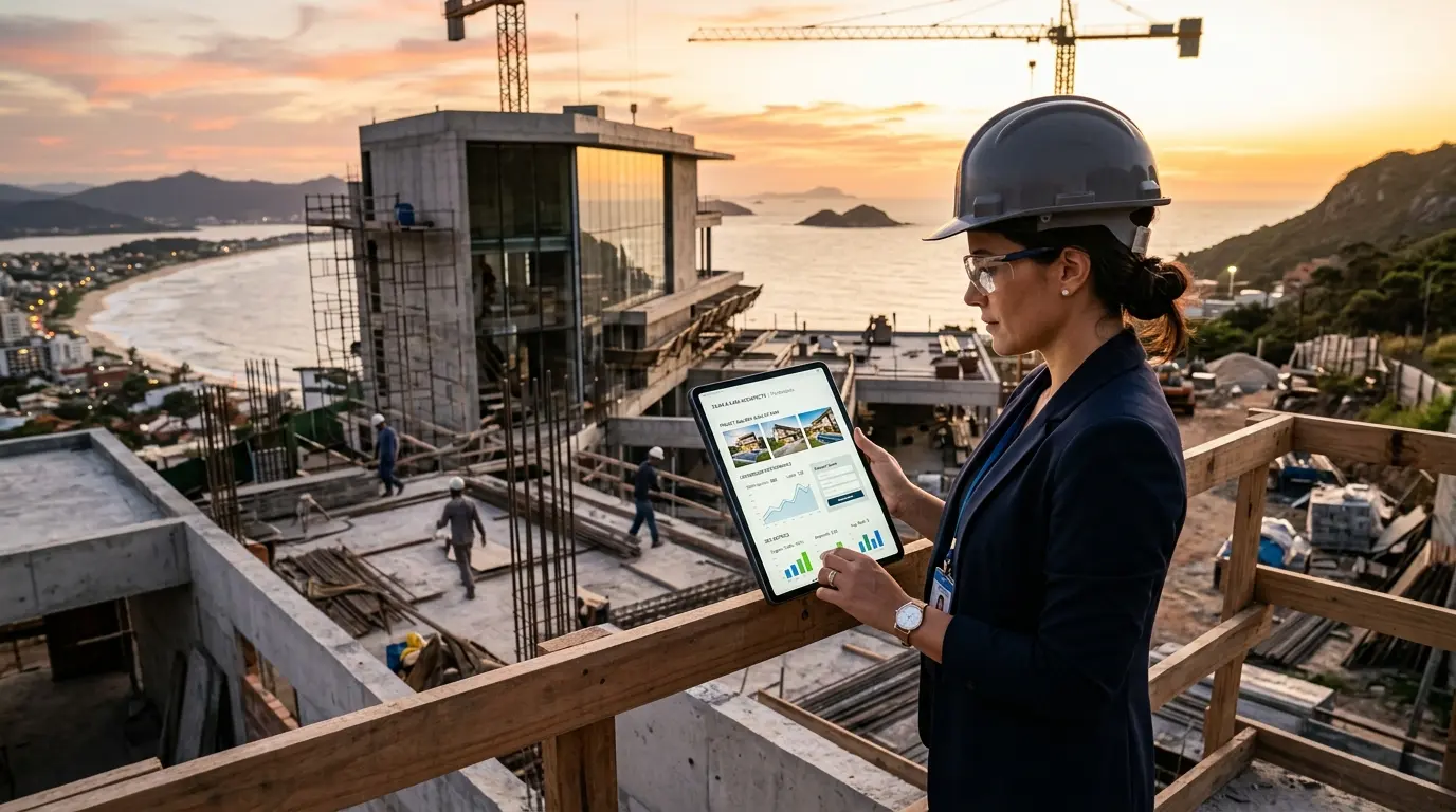 Site profissional para construtoras e arquitetos em Florianópolis — portfólio de obras com fotos de alta qualidade, métricas de credibilidade e formulário de orçamento