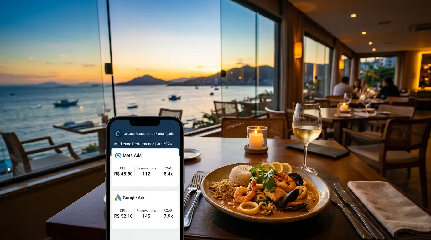 Tráfego pago para restaurantes em Florianópolis — Meta Ads com vídeo de pratos e Google Ads com anúncios de busca local para gastronomia